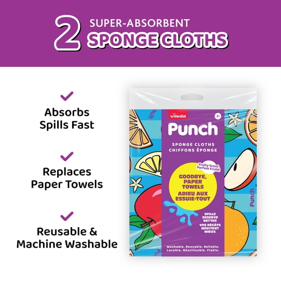 Vileda Punch Super Absorbent Sponge Cloths, Washable & Reusable, 2 Count