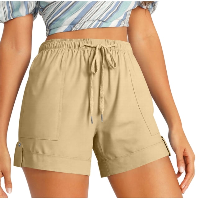 Besolor Summer Shorts for Women Plus Size Elastic Waist Drawstring Roll up Bermuda Beach Lounge Shorts with Pockets