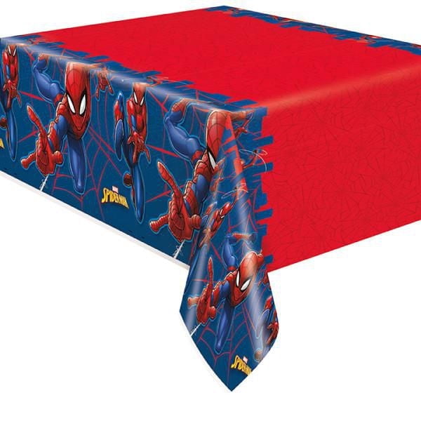 Spider-Man Rectangular Plastic Table Cover, 54" x 84", with a red center patterned with subtle webs and blue borders featuring Spider-Man in action poses on a web background, designed for birthday party tableware and easy cleanup.