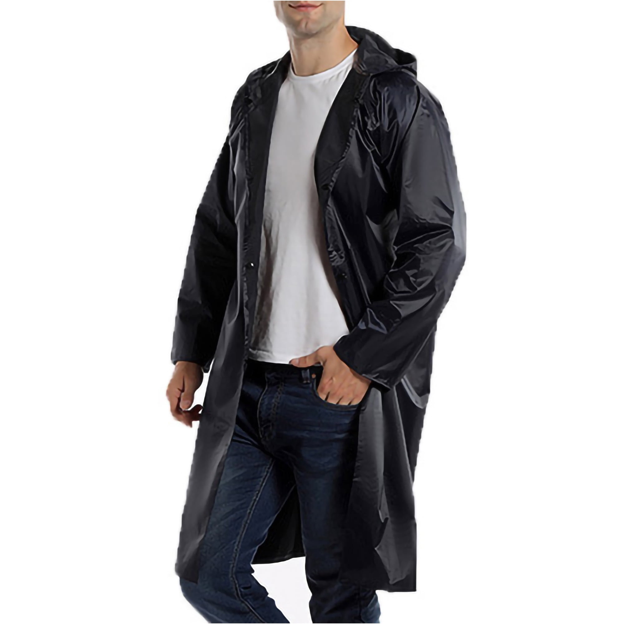 Lovzfmll Men's Pvc Rain Jacket, Thickened Storm Proof Long Rainwear With Hood, Solid Color Hiking Gear, Rain Coat For Men