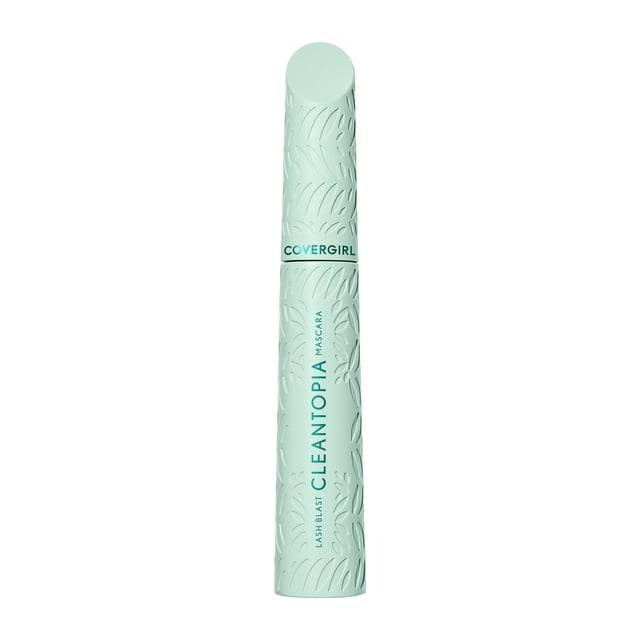COVERGIRL Lash Blast Cleantopia Mascara in a light green embossed tube with leaf patterns, featuring the brand and product name in teal, a plant-powered clean vegan formula that volumizes, lifts, and conditions lashes with smudge-proof, clump-free wear, suitable for all lash types.
