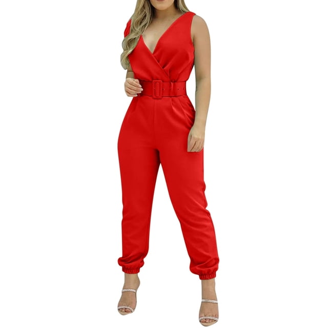 Penkiiy Combinaisons pour Femmes Mode Femme Été Uni Décontracté Poche Sans Manches Salopette Rouge TG Combinaisons