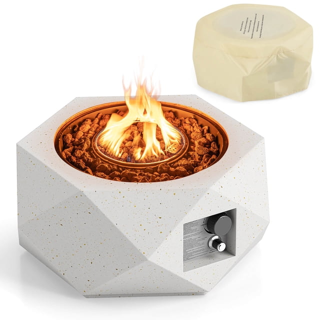 Costway Foyer au Gaz Propane en Terrazzo hexagonal de 28 Pouces avec Brûleur en Acier Inoxydable et Roches de Lave. une table de Foyer hexagonal en Terrazzo Blanche avec un Brûleur en Acier Inoxydable Entouré de Roches de Lave Décoratives. Comprend un Couvercle Protecteur en PVC, un Panneau de Commande pour un Allumage Facile et une Flamme Réglable. Parfait pour le Chauffage Extérieur avec une Puissance de Chaleur de 40 000 BTU, Convient aux Réservoirs de Gaz Propane de 20 Lb.