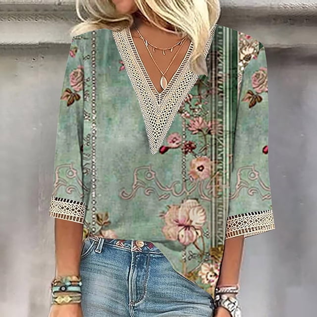 Qertyioot Liquidation Mode T-shirt Blouse Décontractée pour Femme d'Été à Col en V, Manches 3/4, Imprimé en Dentelle