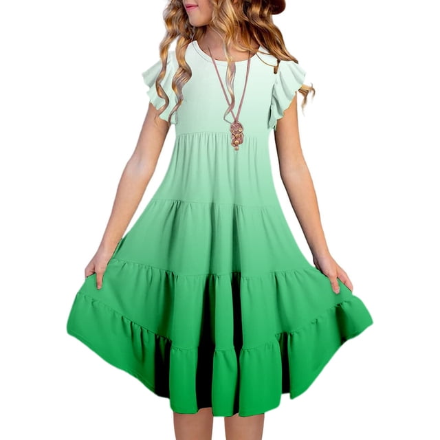 WERYOUNG Robes Filles Été Décontracté Mode Dégradé Manches Volantées Robe Évasée Robe Bohème Filles Tendance Fête Robe Ligne A Robe d'Été, Vert, 14-15 Ans