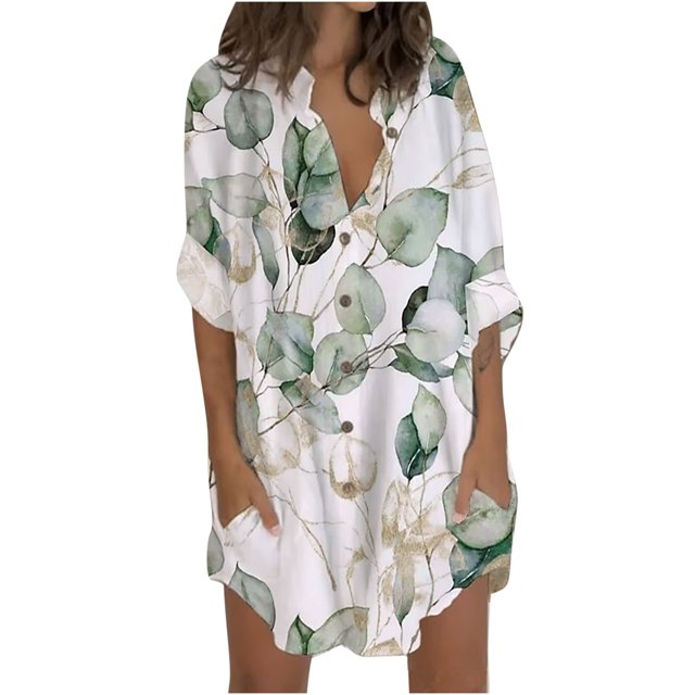 PEZHADA Robes pour Femmes Grande Taille Robes Chemise Décontractées Mode Femmes Imprimé Manches Longues Bouffantes Robe à Col en V Robe Midi Vert
