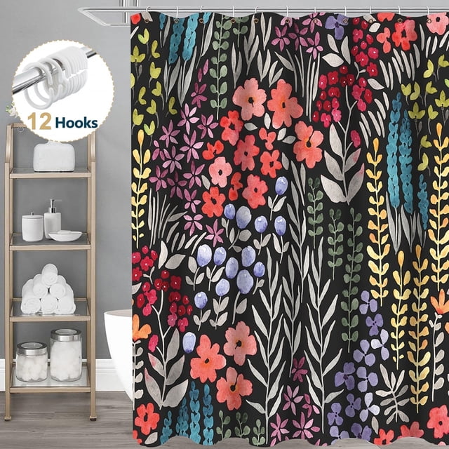 Dznils Rideau de Douche en Tissu Boho Coloré à Motif Floral avec un Motif Floral Aquarelle Vif sur Fond Noir, Mesurant 72 x 72 Pouces (180 x 180 cm). Fabriqué en polyester durable, Il Présente des Oeillets Métalliques pour une Suspension Facile et Comprend 12 Crochets pour l'Installation. Convient aux Salles de Bain, Appartements, VR et Dortoirs, Ce Rideau Est Lavable à la machine et Résistant aux Plis.
