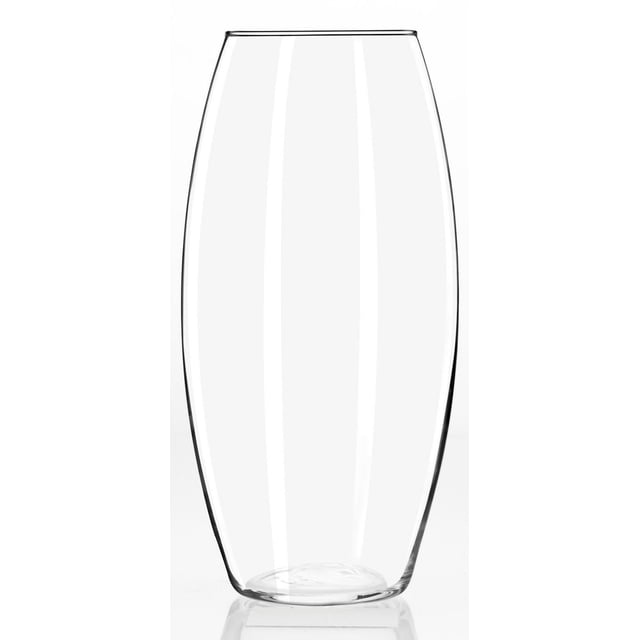 Libbey Glass Bala Glass Vase, 10 inches tall with a billowed mid-section and 3.53-inch opening, made of clear glass sturdy enough for large bouquets, shown front-facing on a white background, often used as a decorative centerpiece vase.