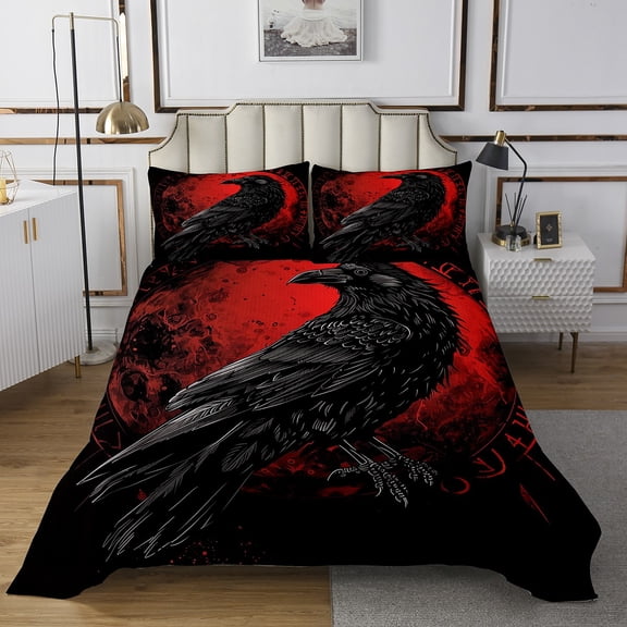 Erosebridal Vintage Viking Quilt Sets for Queen Size Bed,Black Raven Bed Set,Nordic Mythology Coverlet Set Queen,Ultra Soft Exotic Room Decorative,3-Piece