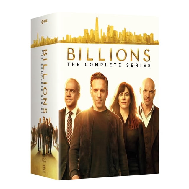 Billions Complete Series (DVD) English Only a centered, front-facing DVD box set photo for the American TV drama Billions; labeled as the complete series with English audio only, presented as a shelf-ready box set and often used as a reference set for rewatching the New York finance drama.