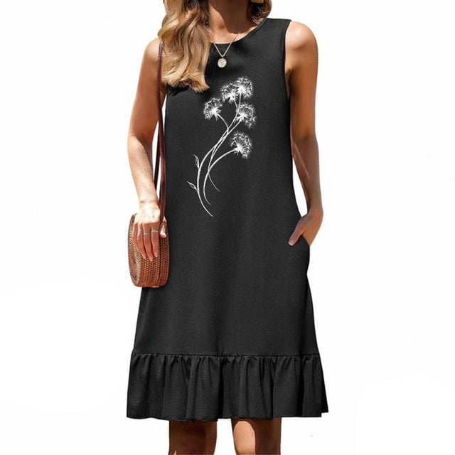 Ovzne Robes pour Femmes Robe de Plage Mode Femmes Imprimé Col Rond Sans Manches Poche Jupe Plissée Robe à Empiècements Robe pour Femmes Imprimée Liquidation