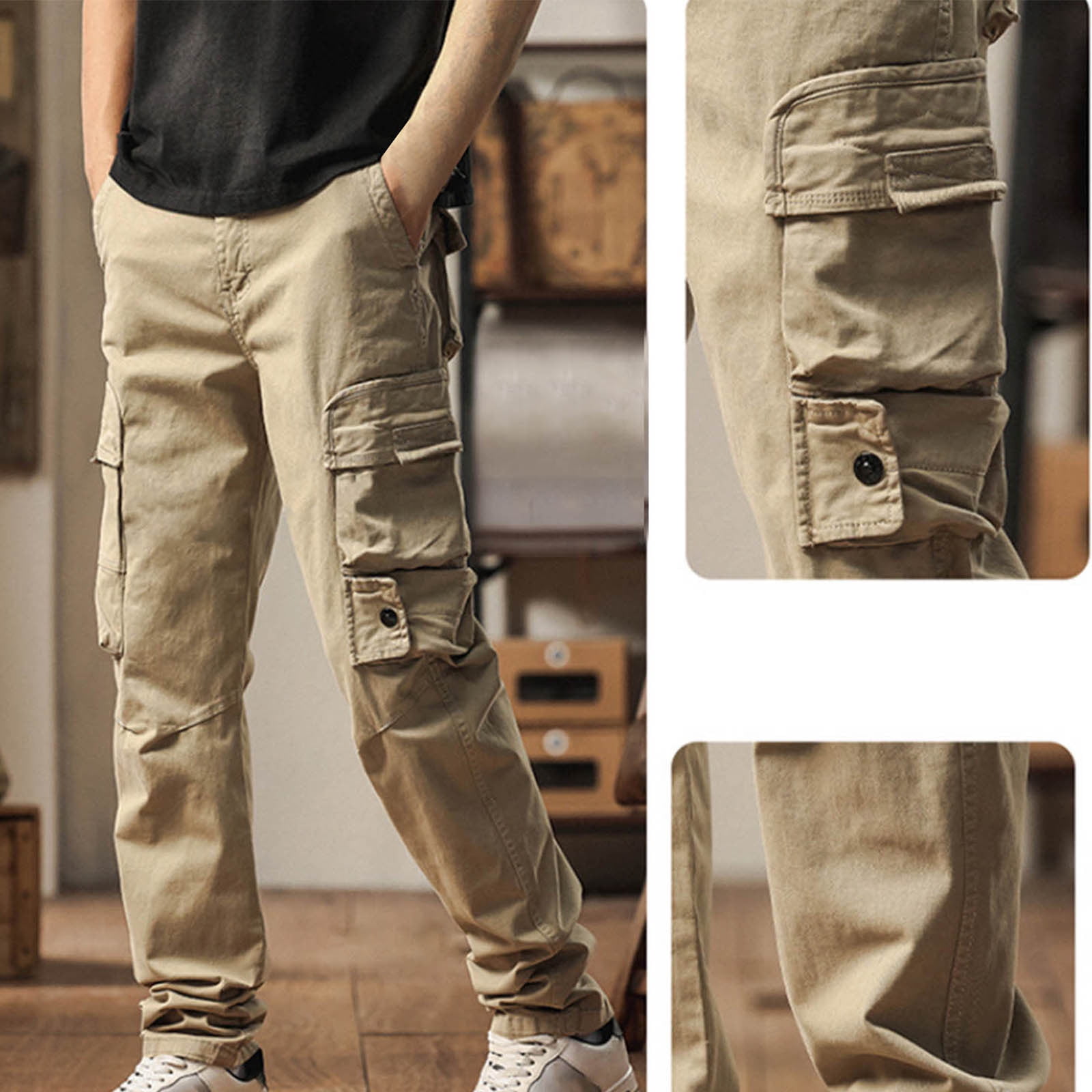 WRKEKC Cargo Pants for Men Elastic Waist Slim Cargo Pants Solid