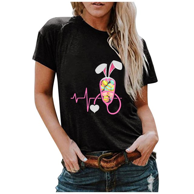 Hauts d'Été pour Femmes 2023 T-shirt à Col Rond pour Femmes à Imprimé Lapin de Pâques à Manches Courtes Blouse Décontractée Ample