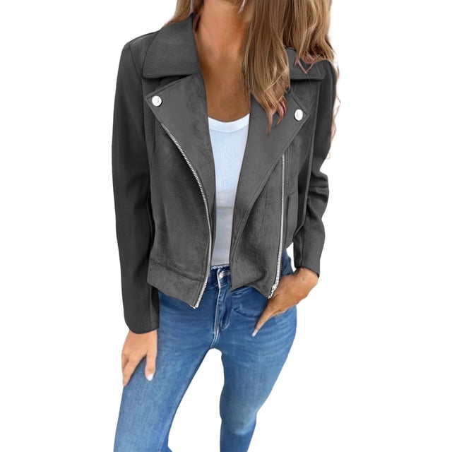 iHPH7 Veste en Suède Femme Veste d'Automne Veste Courte Veste à Fermeture Éclair Complète Femme Veste à Fermeture Éclair Mode Femme Vêtements d'Extérieur Gris Foncé TG
