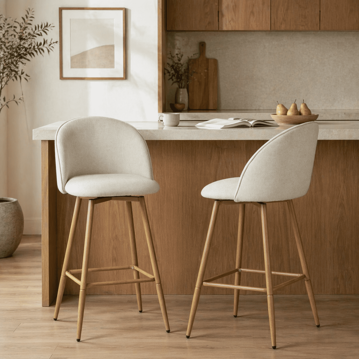 Homy Casa Set of 2 Swivel Bar Stools, Adjustable Height Fabric Barstools with Back and Metal Base, Beige