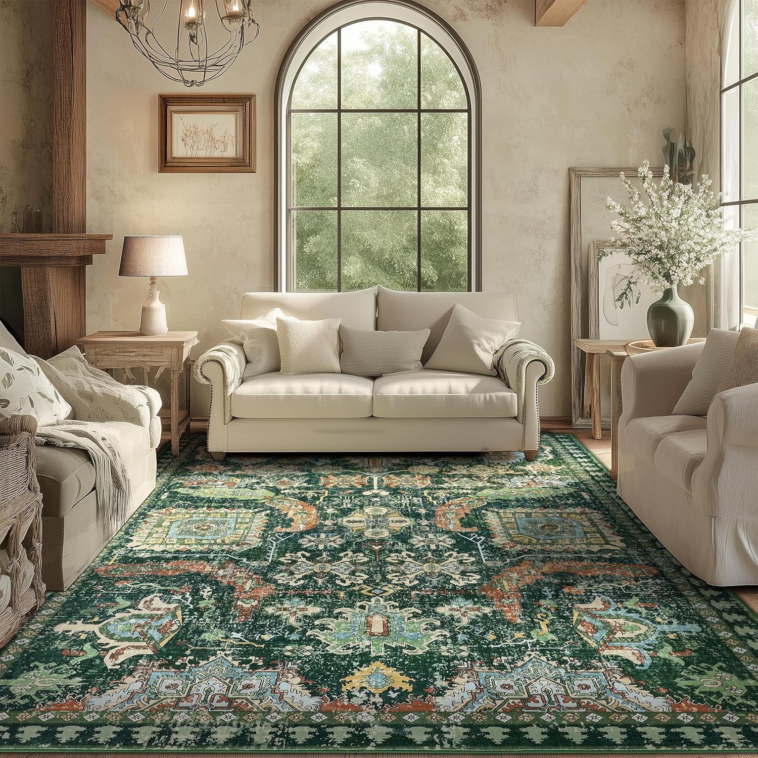 8x10 Ft Green Area Rug - Soft, Washable, Non-Slip Indoor/Outdoor Rug for Living Room, Bedroom, Dining Room, Patio, Kids, Farmhouse & Boho Style