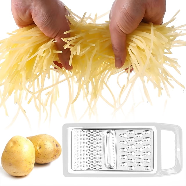 EGNMCR Cheese Graters Multi Functional Potato Shredder with a stainless steel body and plastic-wrapped mesh for durability. Designed with a comfortable handle, it features multiple hole patterns for shredding, grating, and slicing vegetables like potatoes, radishes, and cucumbers. The image displays shredded potato strands being held above the grater, with two whole potatoes nearby. Compact and easy to clean, it measures 24 x 11 x 0.9 cm, making it a versatile kitchen tool.