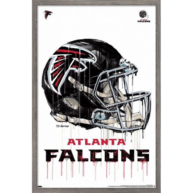 NFL Atlanta Falcons - Drip Helmet 20 Wall Poster featuring a front-facing black football helmet with the red and white Falcons logo and dripping paint effect, with bold red and black 'Atlanta Falcons' text below, printed on glossy poster paper and framed in light wood, suitable for sports-themed home décor.