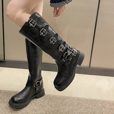 Bcak to School Savings! Aqestyerly Women's Winter Boots Women Mid Heel Shoes Belt Buckle Knee High Retro Cowboy Rider Punk