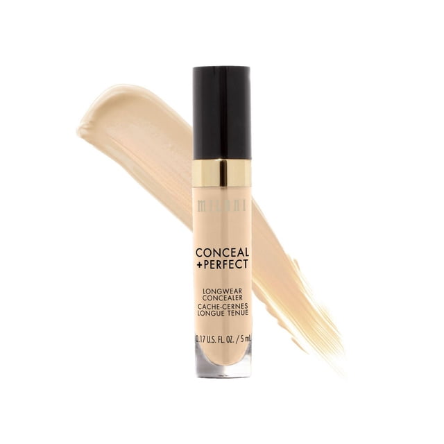 Milani Conceal + Perfect Longwear Concealer in a clear tube with black cap and gold band, displayed with a beige liquid concealer swatch, featuring a hydrating formula with hyaluronic acid for full coverage and long-lasting blemish concealment.