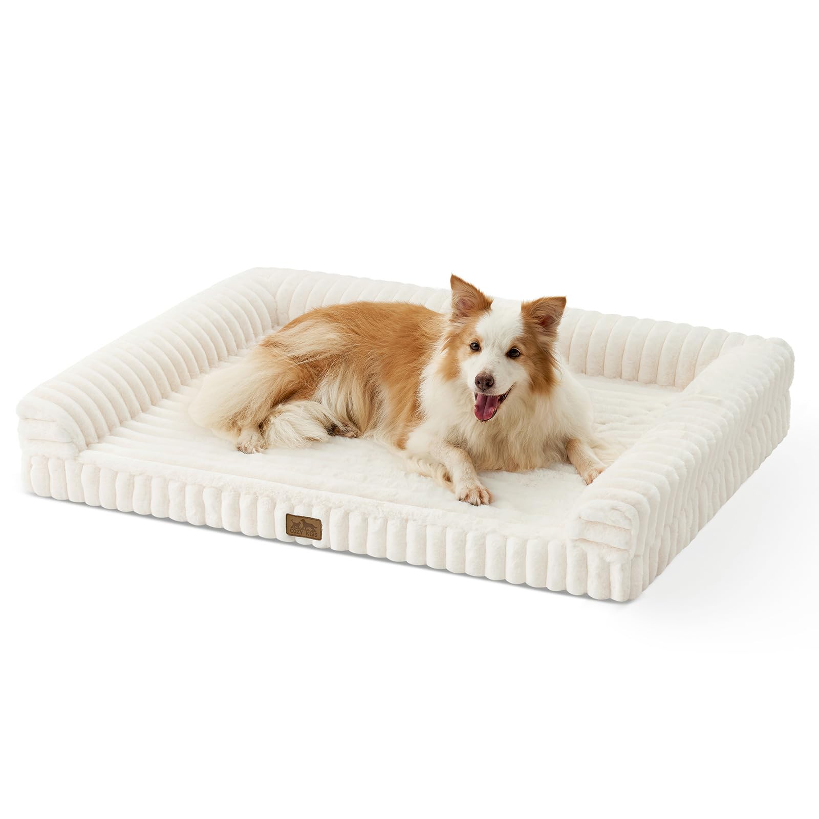 COZY KISS Large Dog Bed, Faux Fur Orthopedic Foam Dog Bed with Sides, Removable Washable Cover & Waterproof Lining, Comfortable Pet Couch, C