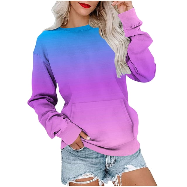 Lmnyox Chandails à Col Rond pour Femmes, Mode Décontractée, Imprimé, Manches Longues, Chandails à Enfiler avec Poche, Chemises Basiques Amples