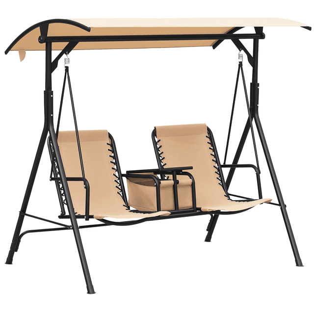 Outsunny Balançoire de Porche Couverte pour 2 Personnes, Balançoire de Patio avec Table Pivotante de Rangement, Porte-Gobelet et Auvent Supérieur Ajustable, Beige