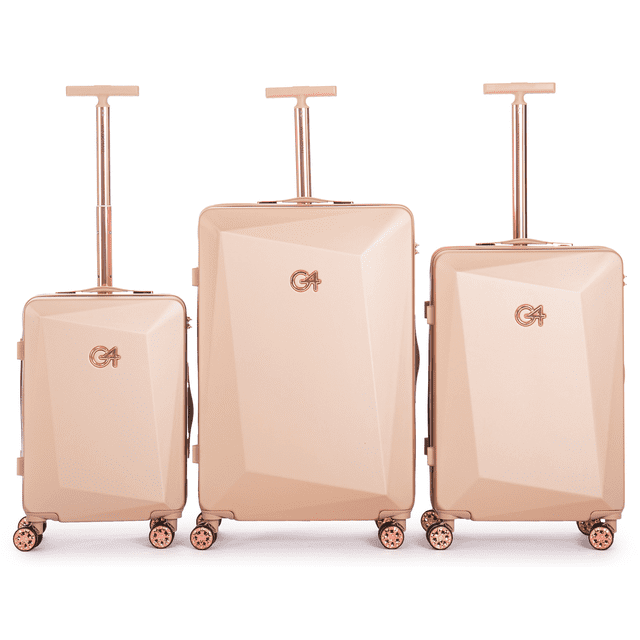 WINGOMART Ensemble de Bagages 3 Pcs en Or rose, Fabriqué en Matériau Rigide PC+ABS Léger et durable. Comprend des Valises Cabine de 20 Pouces, Moyennes de 24 Pouces et Grandes de 28 Pouces avec Roues Doubles Pivotantes pour une Mobilité Fluide, Verrous Approuvés TSA pour la Sécurité et Poignées Ergonomiques Télescopique. Présente une Finition Texturée Résistante aux Rayures et des Intérieurs Entièrement Doublés avec des Compartiments Organisés et des Sangles Élastiques pour un Emballage Sécurisé. Idéal pour les Voyages avec Conception Résistante aux Impacts et Capacité de Rangement Maximisée.
