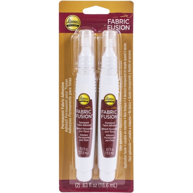Aleene's Fabric Fusion Permanent Adhesive Pen, 0.63 fl. oz. 2 pack, Precision Application, Nontoxic, Dries Flexible in 4 Hours, Strong Bond on Fabrics — two slim white adhesive pens front-facing with pointed precision tips and easy-grip barrels; brand text visible; designed for fabric glue tasks and small embellishment placement, often used for quick costume or hem repairs.