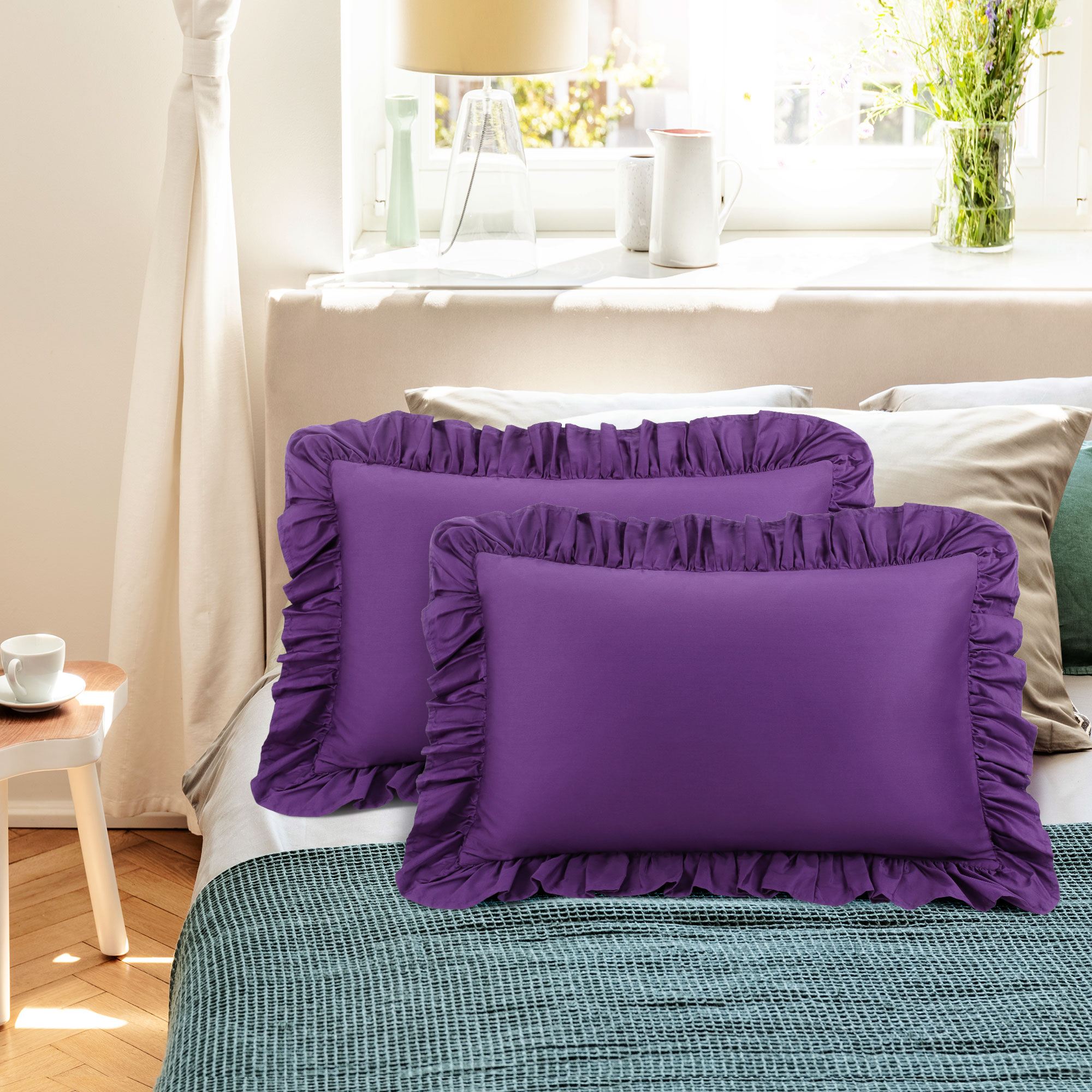 PiccoCasa 2 Pcs 100% Cotton Ruffled Pillowcases Soft with Envelope Grape Queen