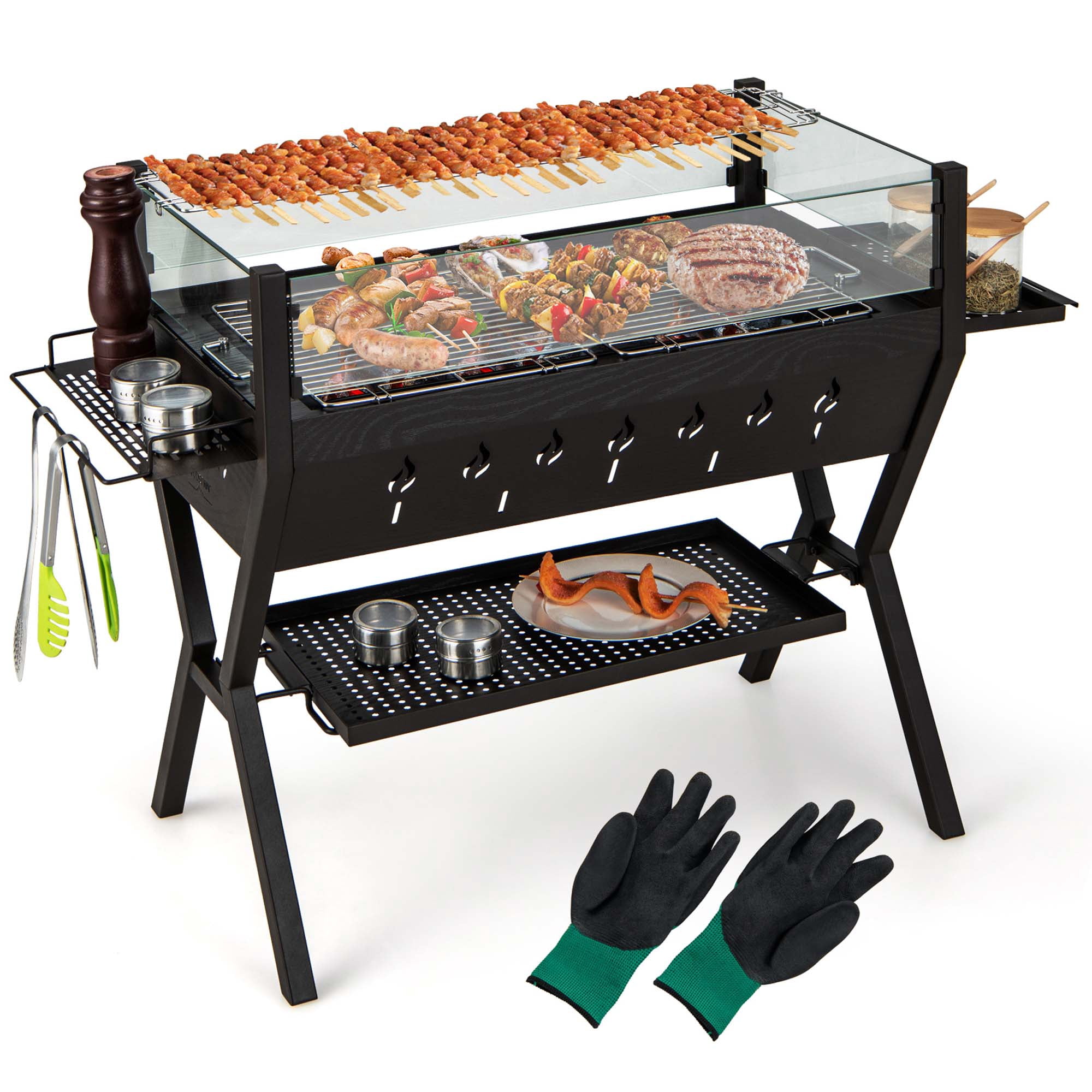 Costway Stainless Steel Barbecue Charcoal Grills with Seasoning Racks & Storage Shelf