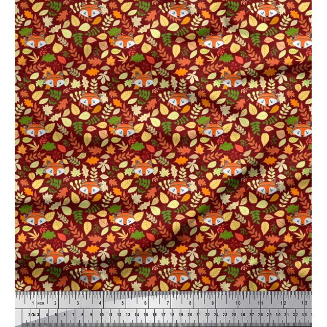 Soimoi Poly Georgette Fabric Leaves & Fox Face Cartoon Print Sewing Fabric Yard 42 Inch Wide
