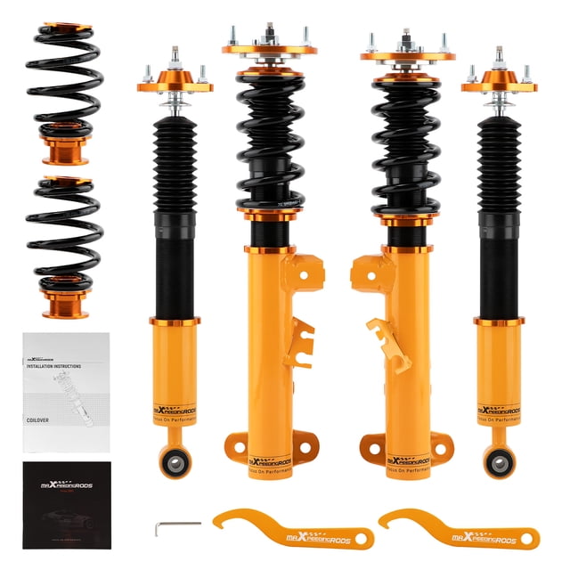 Maxpeedingrods Coilover Suspension Kit 24 Way Damper for BMW E36 Sedan, Coupe, and Convertible models from 1990 to 1999. The kit includes two front and two rear coilovers with a gold anodized finish, adjustable height lowering from 1 to 3 inches, and 24 levels of rebound damping adjustment. Features include twin-cylinder design, pillow ball top mounts with camber plates, and independent spring tension for custom stiffness. The package also includes wrenches for height adjustment and installation instructions.