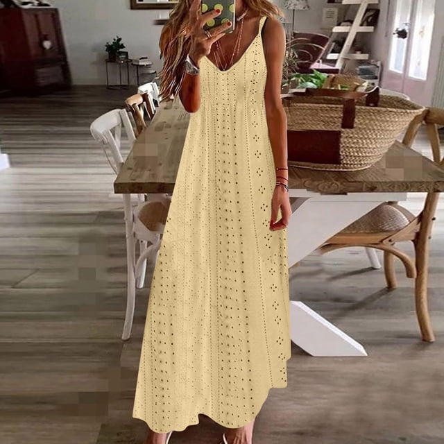 Fatuov Robe d'Été à Oeillets pour Femmes, Robe Débardeur de Plage à Col en V pour les Vacances, Robe Maxi Unie Sans Manches, Tailles G, Jaune