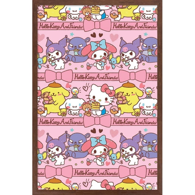 Hello Kitty and Friends : 25 Collation Time - Affiche Murale Collage, 14,725 Po x 22,375 Po Encadrée, Présentant un Motif Répétitif de Personnages Hello Kitty and Friends sur Fond Rose avec des Éléments à Thème Collation comme des Crêpes, des Biscuits et des Beignes, Accentuée de Nœuds Roses et de Cœurs, art Mural Idéal pour Chambres, Chambres d'Enfants Ou Dortoirs.