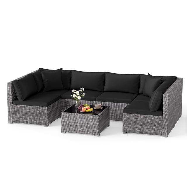 Patiojoy 7 Pcs Outdoor Patio Furniture Set All-Weather PE Rattan Sofa Set w/Coffee Table & Cushions Black