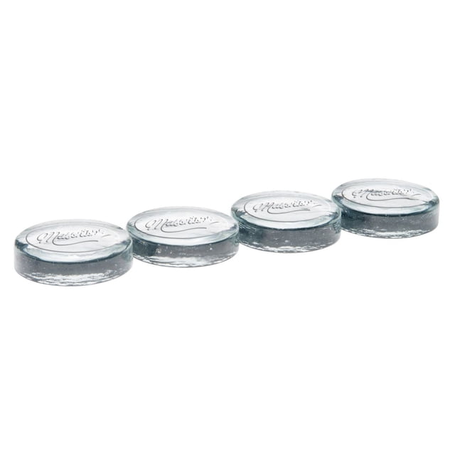 Masontops Pickle Pebbles plus, Wide Mouth, 4-Pack featuring four clear, round glass fermentation weights embossed with 'Mason', each 2.75 inches diameter and 0.75 inches thick, designed to keep fermenting vegetables submerged in wide mouth Mason jars to prevent spoilage, also suitable as small paperweights.