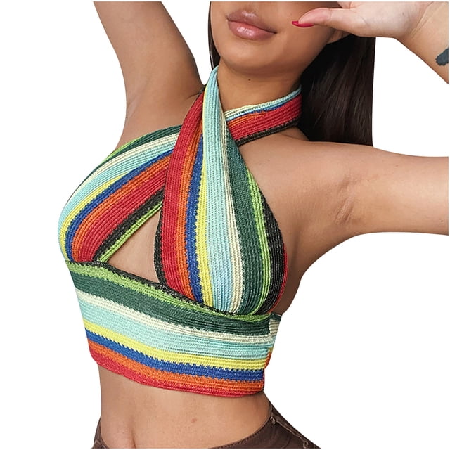Fridja Lady Color Striped Sleeveless Halter Halter Slim Knit Cross Top