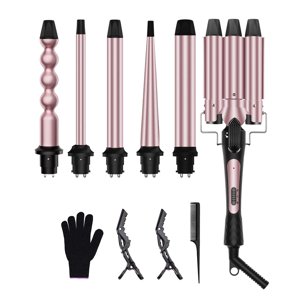 6 en 1 Jeu de fer à curling, baguette de curling avec 3 Fer à repasser et 5 Lame interchangeable de curling en céramique (0,35"-1,25&acirc;), Chaleur instantanée 2 Cu à lame temp