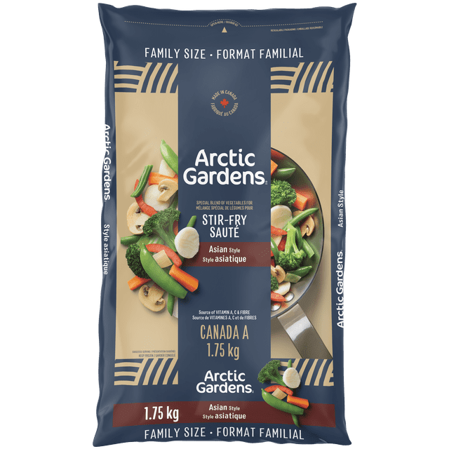 Arctic Gardens Asian Stir Fry Vegetables Mix 1.75kg family size bag with a blend of green beans, carrots, broccoli, sugar snap peas, onions, water chestnuts, red peppers, and mushrooms for Asian-style stir-fry, made in Canada with resealable packaging, ideal for quick frozen vegetable meals.