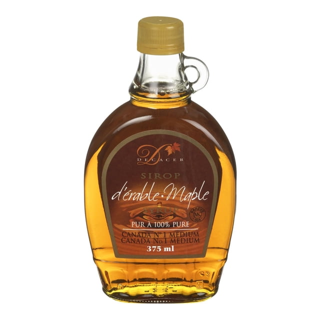 Decacer Sirop d'Érable Pur dans une Bouteille en Verre Transparent de 375 ml avec Bouchon à Vis Doré, Étiqueté Sirop d'Érable Canadien 100 % Pur, Qualité Moyenne, Casher et Sans gluten, Idéal pour Crêpes, Gaufres et Convient comme Édulcorant Naturel en Pâtisserie.