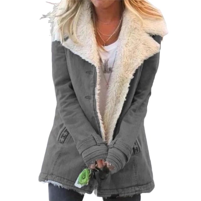 Innerwin Jacket Long Sleeve Ladies Coat Winter Warm Solid Color Thicken Plush Overcoats Grey M
