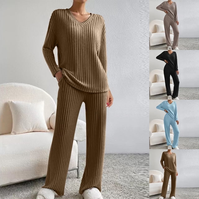 Yuyuzo Ensembles 2 Pcs pour Femmes Ensembles de Détente Côtelés Chemises à Manches Longues à Col en V Pantalons à Jambe Droite Vêtements de Mode d'Automne