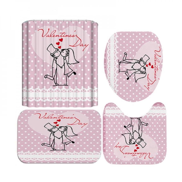50% de Réduction! Nouveau Rideau de Douche d'Impression Numérique 3D de Valentine Set de 4 Pièces pour la Décoration de Fête à Domicile de l'Hôtel