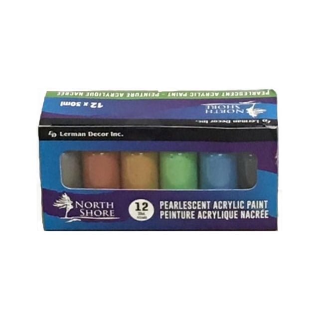 North Shore Pearlescent acrylic paint 12 containers in 30ml bottles displayed in a blue and purple box with a clear window showing assorted pearlescent colors including orange, yellow, green, and blue, ideal for enhancing fabric and paper craft projects with shimmer and color.