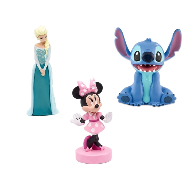 tonies Disney tonies Ensemble Comprenant Trois figurines de Collection : Elsa en Robe Bleu Sarcelle et Bleu Pâle avec Cheveux Blonds Tressés, Minnie Mouse en Robe Rose à Pois et Nœud Debout sur une base Rose, et Stitch Assis avec de Grandes Oreilles et un Grand Sourire, le Tout sur un Fond Blanc.