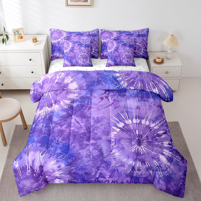 YST 7 Piece Tie Dye Bedding Set for Girls, Boho Purple Comforter Set, King