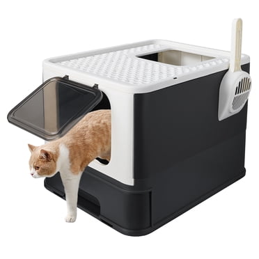 Foldable Cat Litter Box, Front Entry Top Exit Kitty Litter Enclosure Toilet Box with Lid & Scoop (20"Lx16"Wx15"H ,Black)