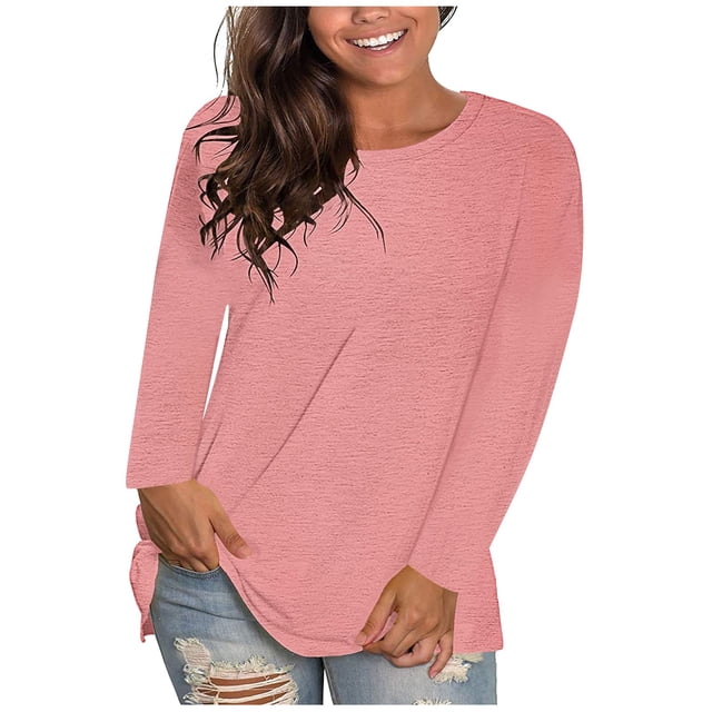 Long Sleeve Tops for Women Solid Color Casual Crew Neck T Shirts Fall Winter Basic Tees
