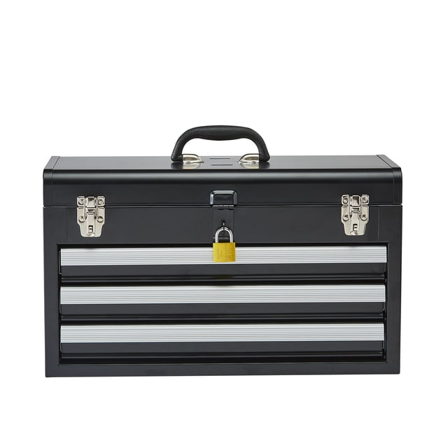 KFFKFF Metal Tool Box, 20.5-inch, Portable Metal Tool Box with 3 Drawers, Small Tool Chest with EVA Liners